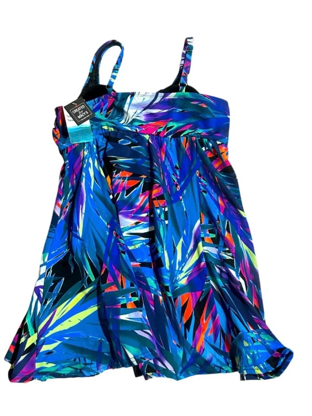 Swim Solutions Bow Front Multicolor Blue Tropical One-Piece Swimdress - Picture 2 of 6
